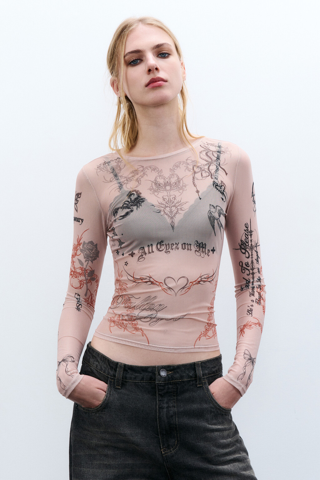 Лонгслив из сетки с принтом - цвет белый - 3