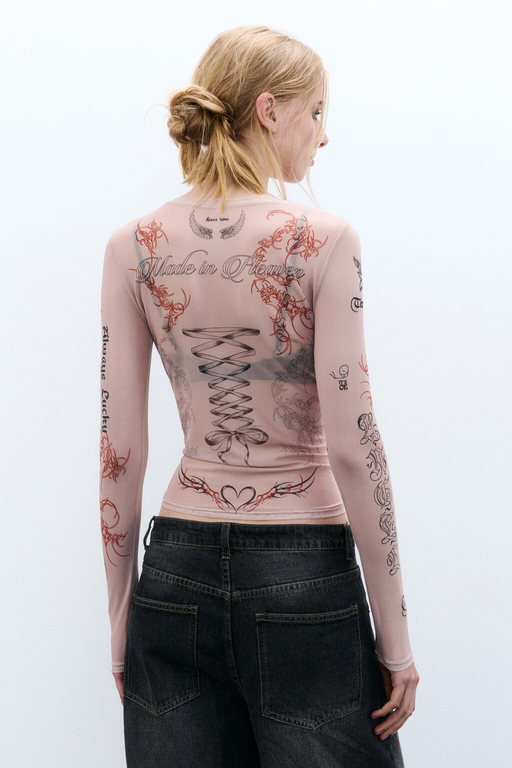 Лонгслив из сетки с принтом - цвет белый - 4