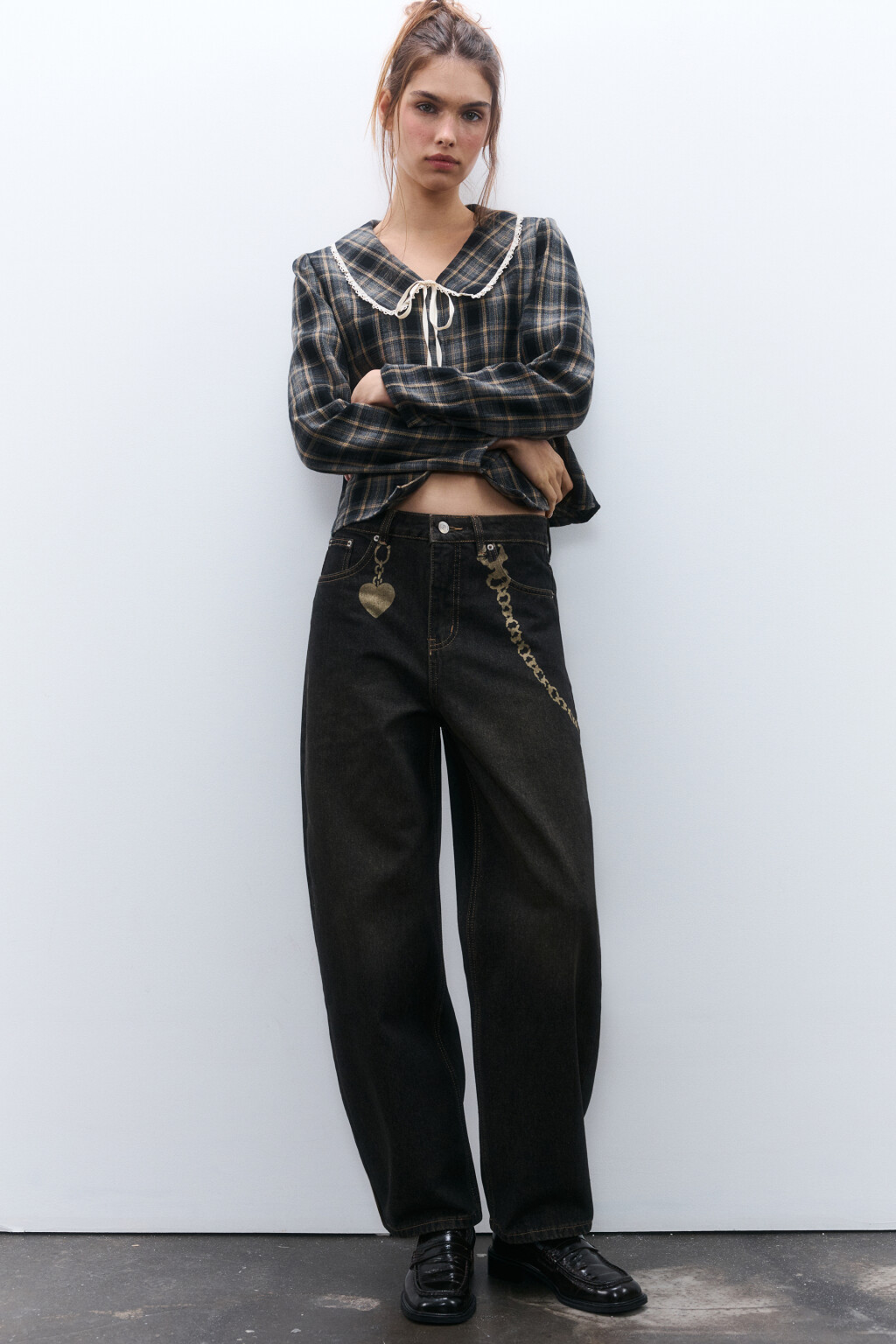 Джинсы barrel fit с принтом-обвесом - цвет темный тинт - 1