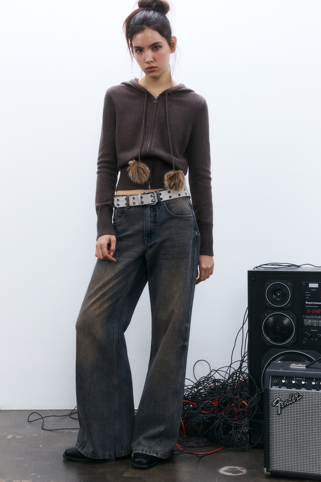 Джинсы широкие с декоративными швами - цвет темный тинт - 1