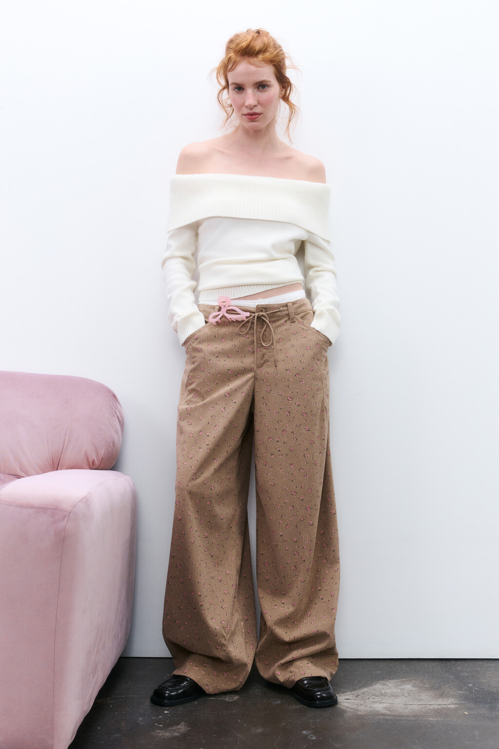 Брюки широкие с цветочным принтом - цвет коричневый - 1