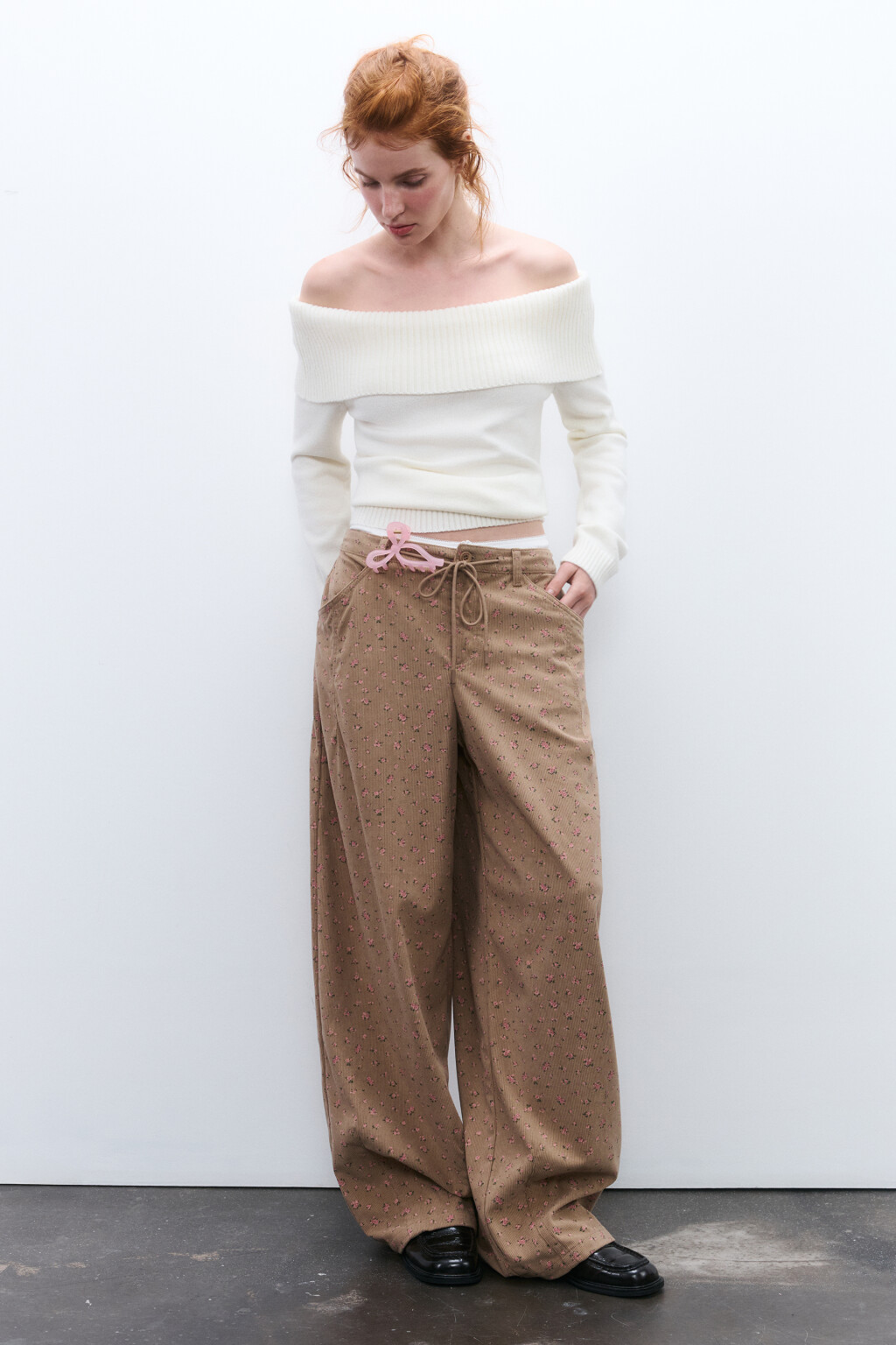 Брюки широкие с цветочным принтом - цвет коричневый - 4