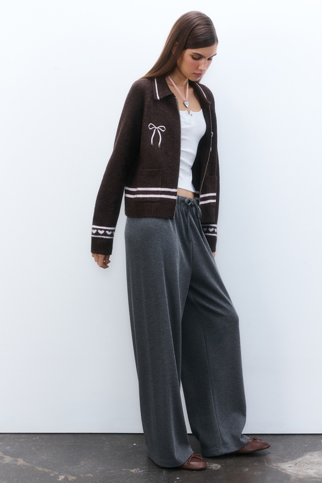 Брюки широкие трикотажные - цвет серый - 1