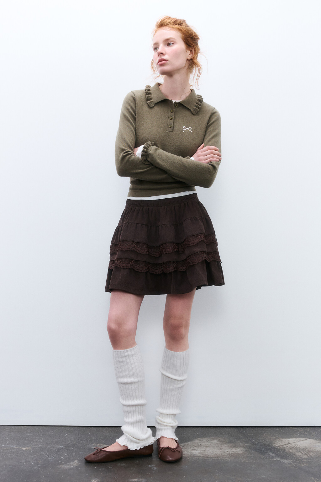 Юбка-шорты с оборками и кружевом - цвет коричневый - 4