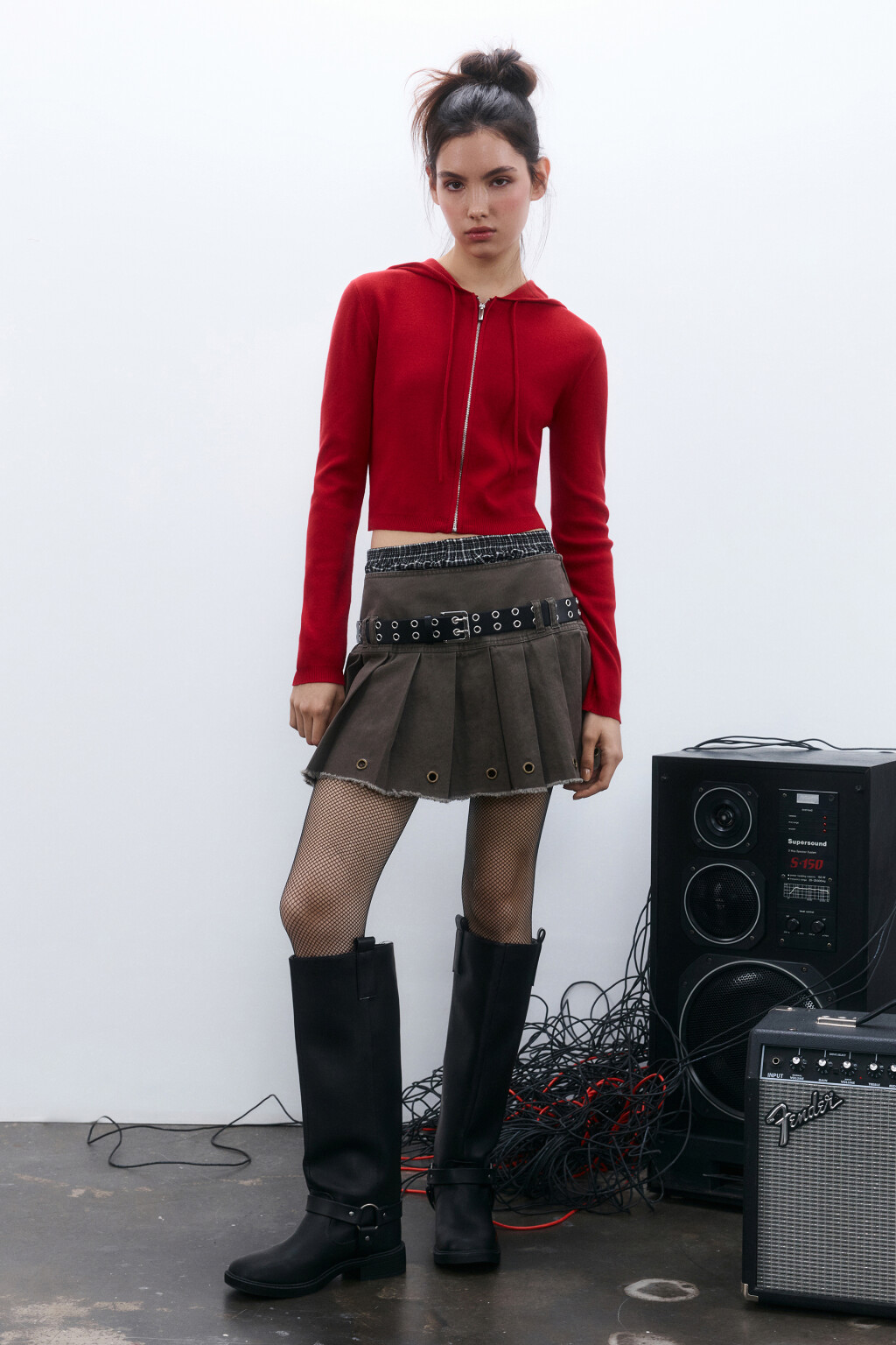 Юбка мини в складку с люверсами - цвет зеленый - 4