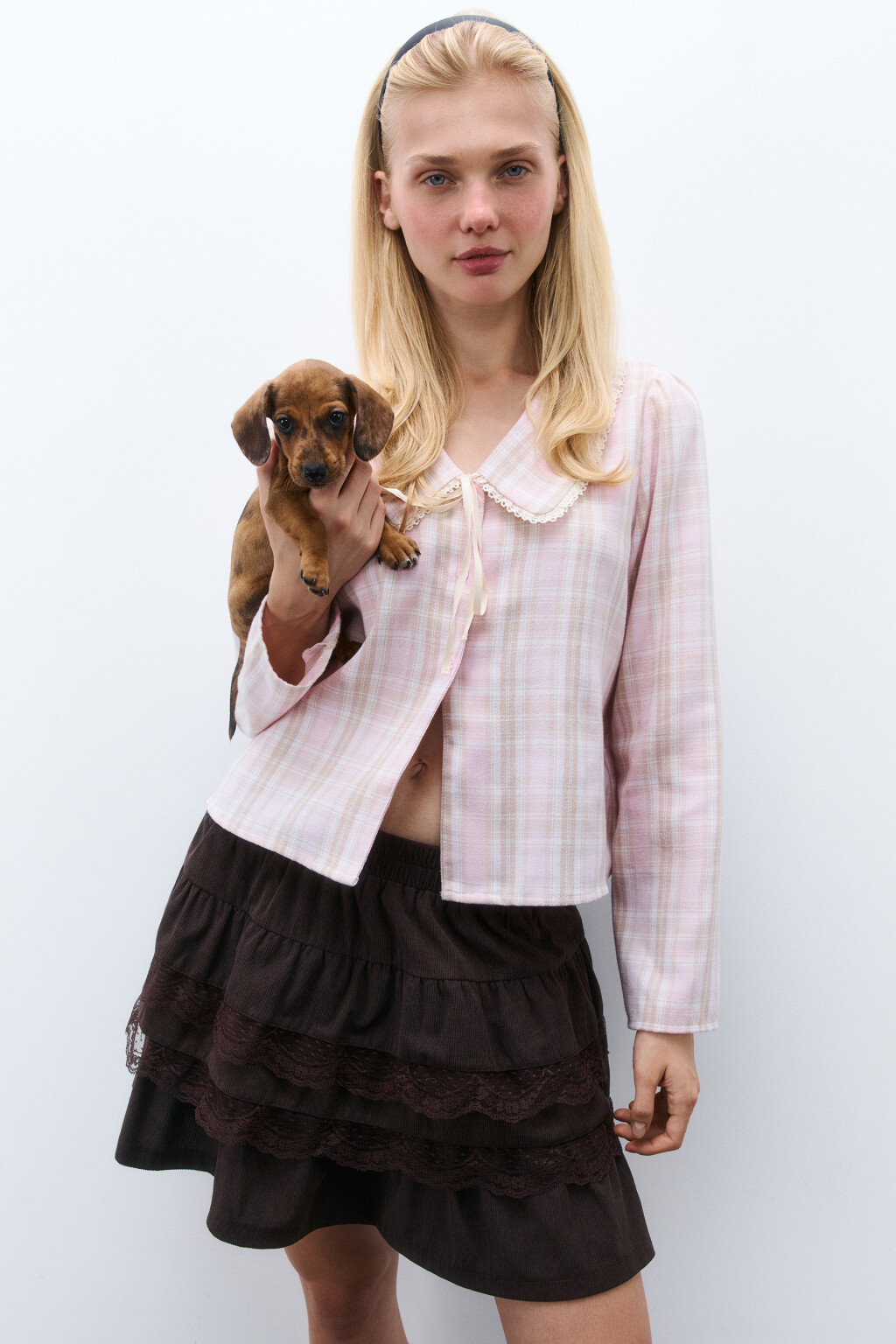 Блузка фланелевая с воротничком - цвет розовый - 1