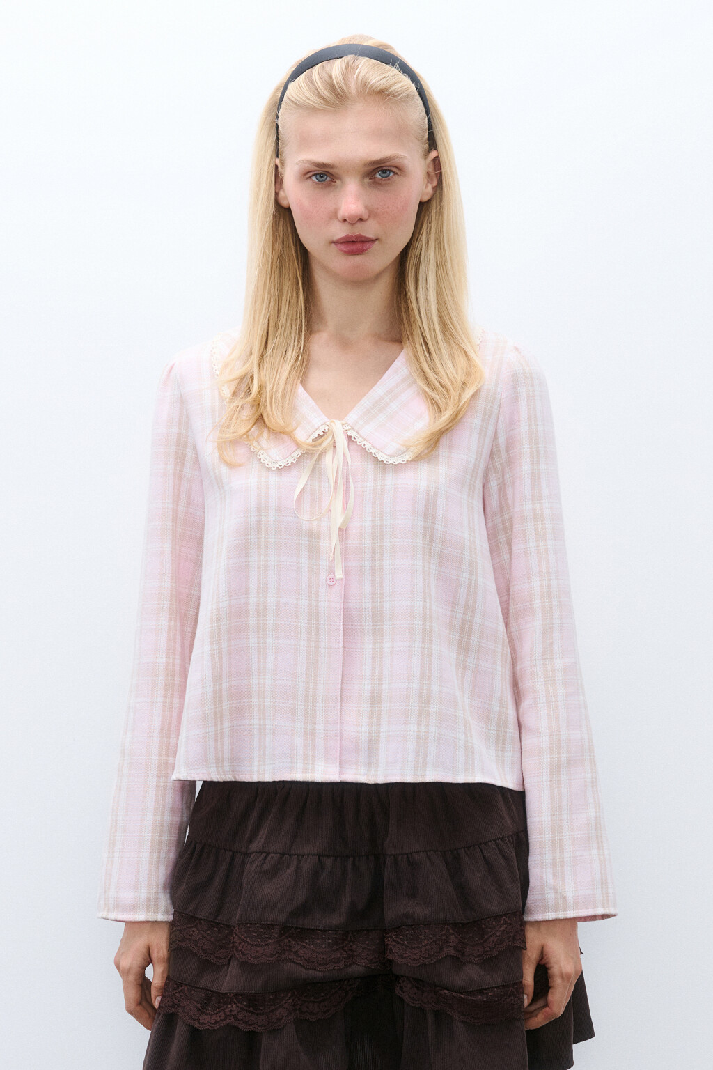 Блузка фланелевая с воротничком - цвет розовый - 2