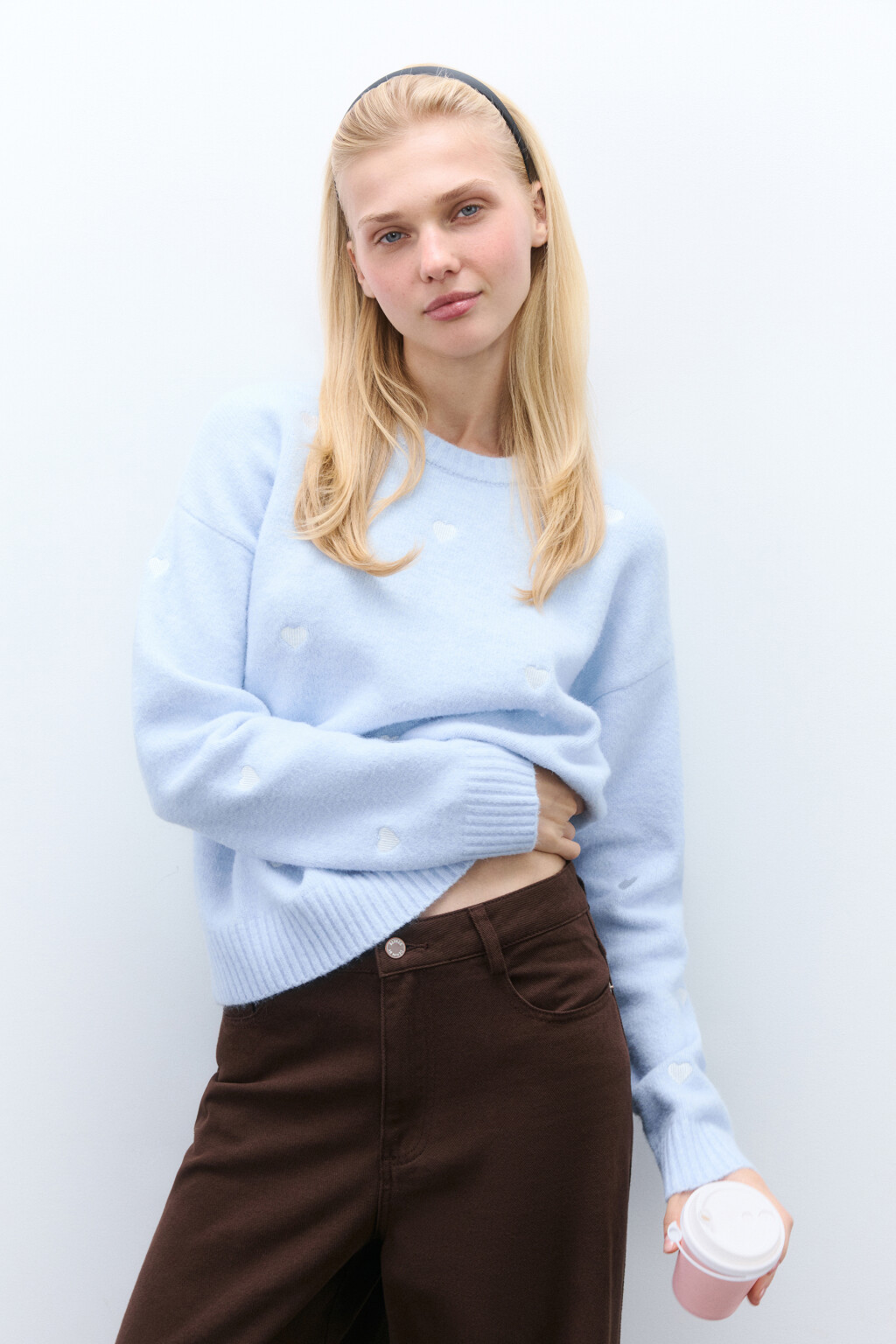 Джемпер вязаный с вышивкой-сердечками - цвет синий - 1