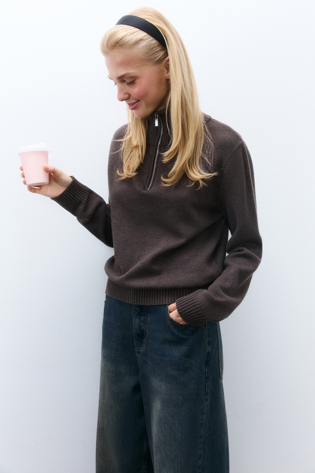 Свитер с воротником на молнии - цвет коричневый - 1