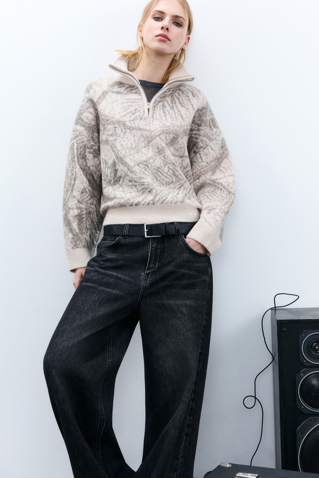 Джемпер на молнии вязаный с принтом - цвет бежевый - 1