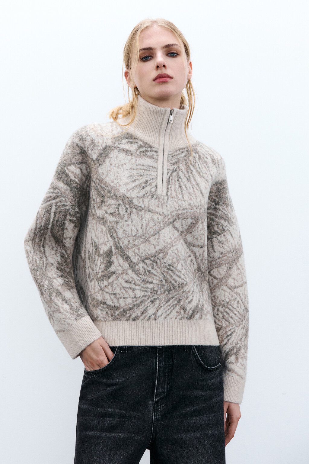 Джемпер на молнии вязаный с принтом - цвет бежевый - 2