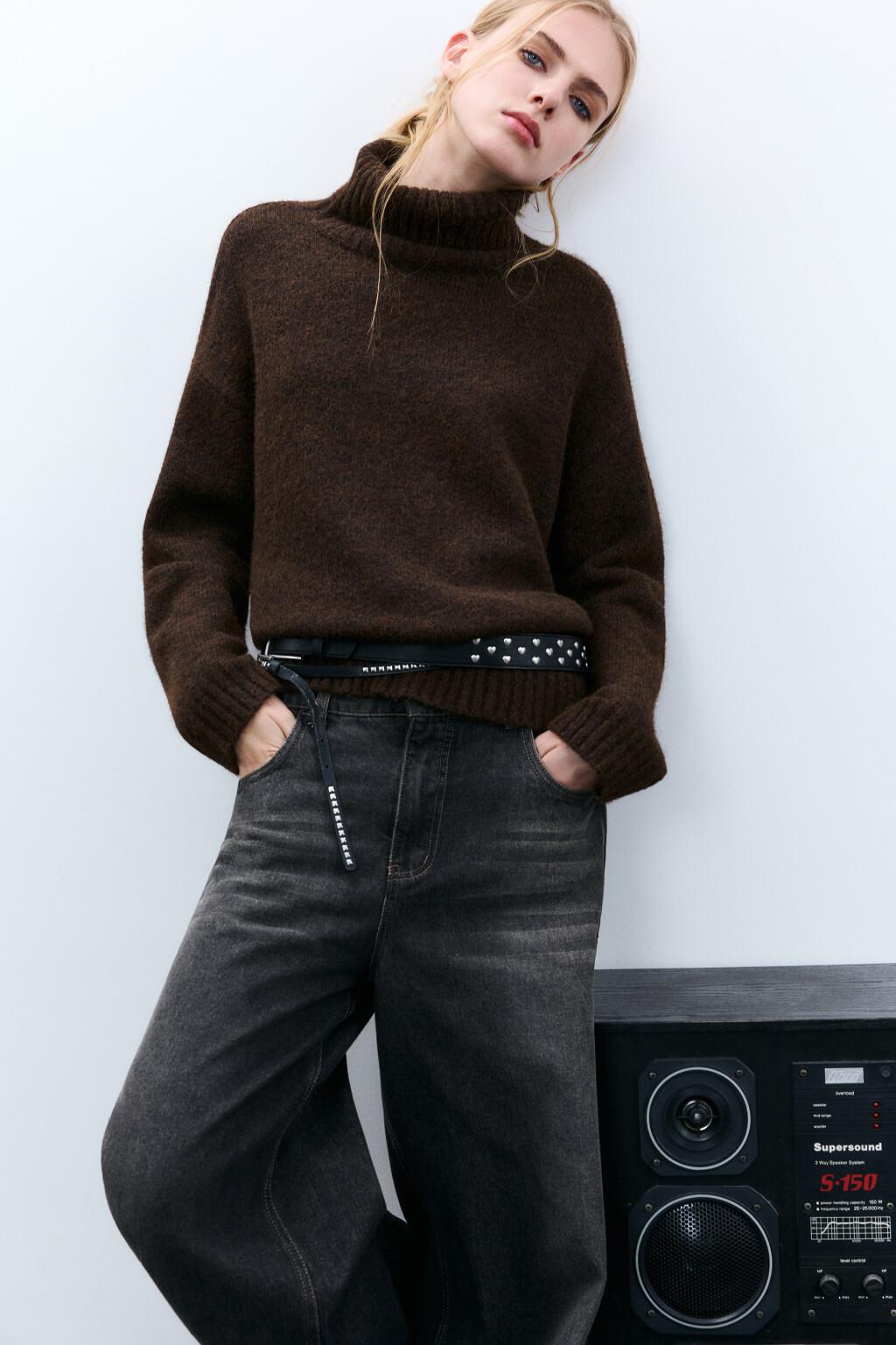 Свитер вязаный с воротником - цвет коричневый - 1