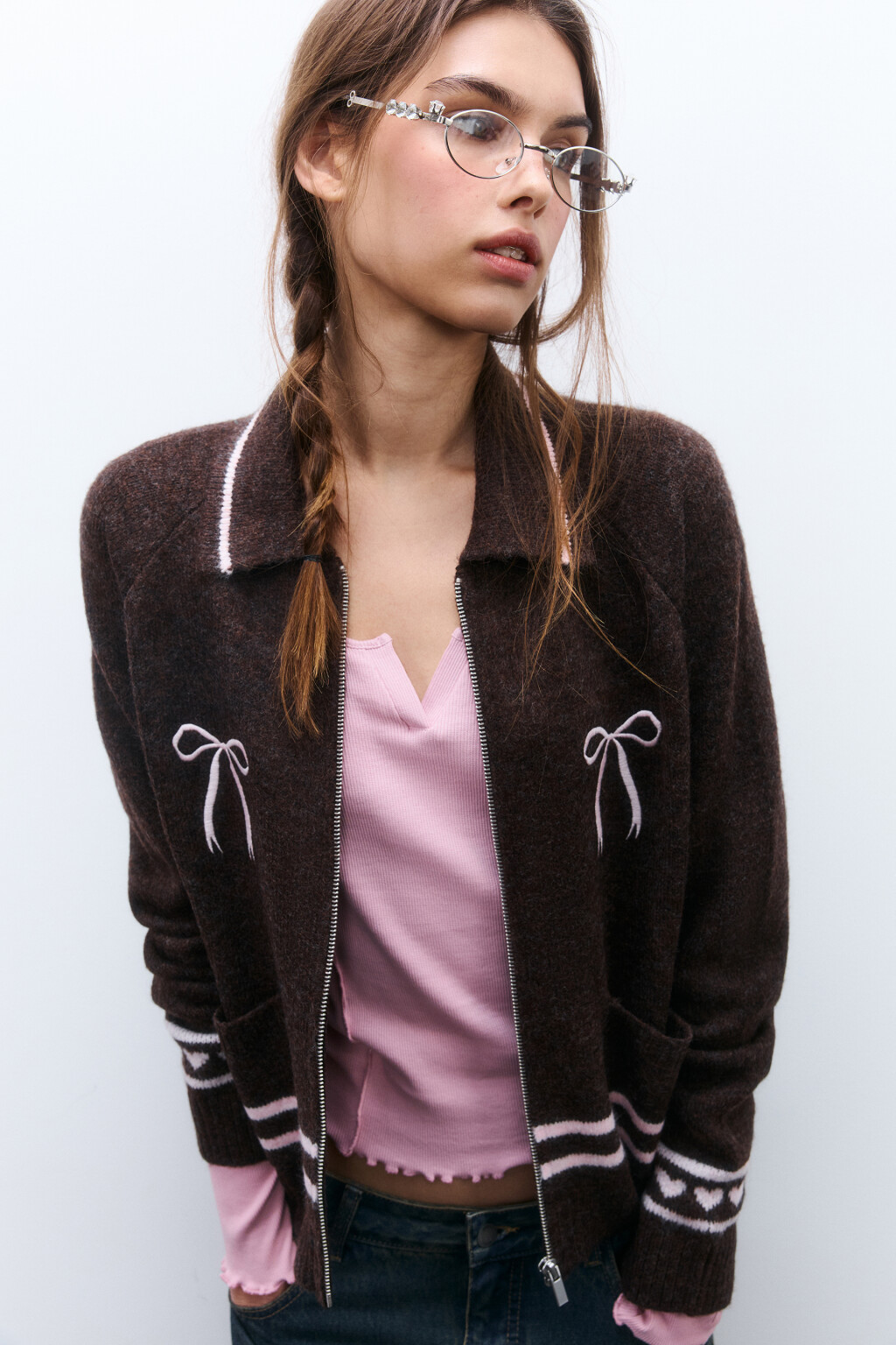 Кардиган на молнии с принтом - цвет коричневый - 1