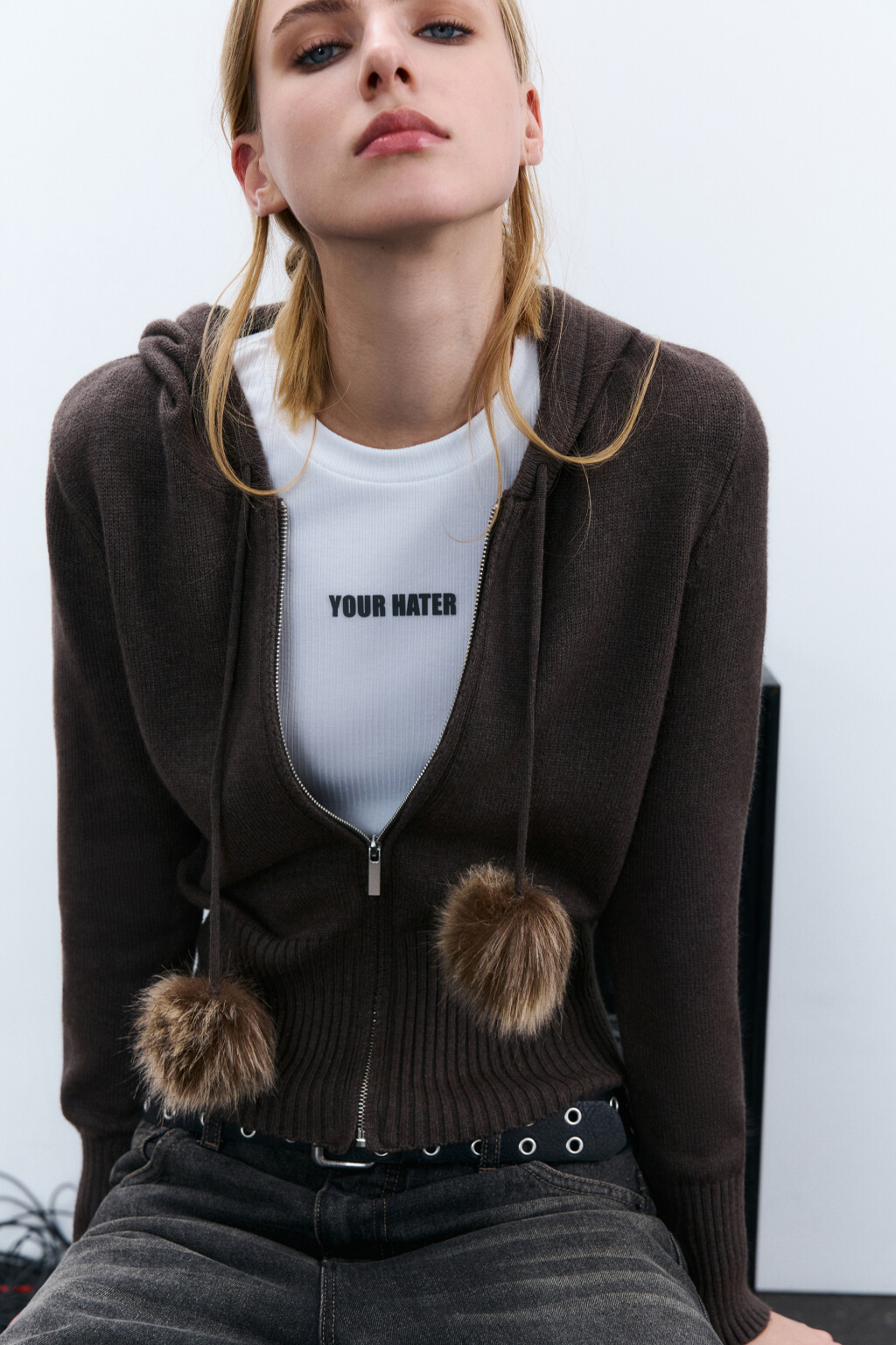 Толстовка вязаная с капюшоном - цвет коричневый - 1