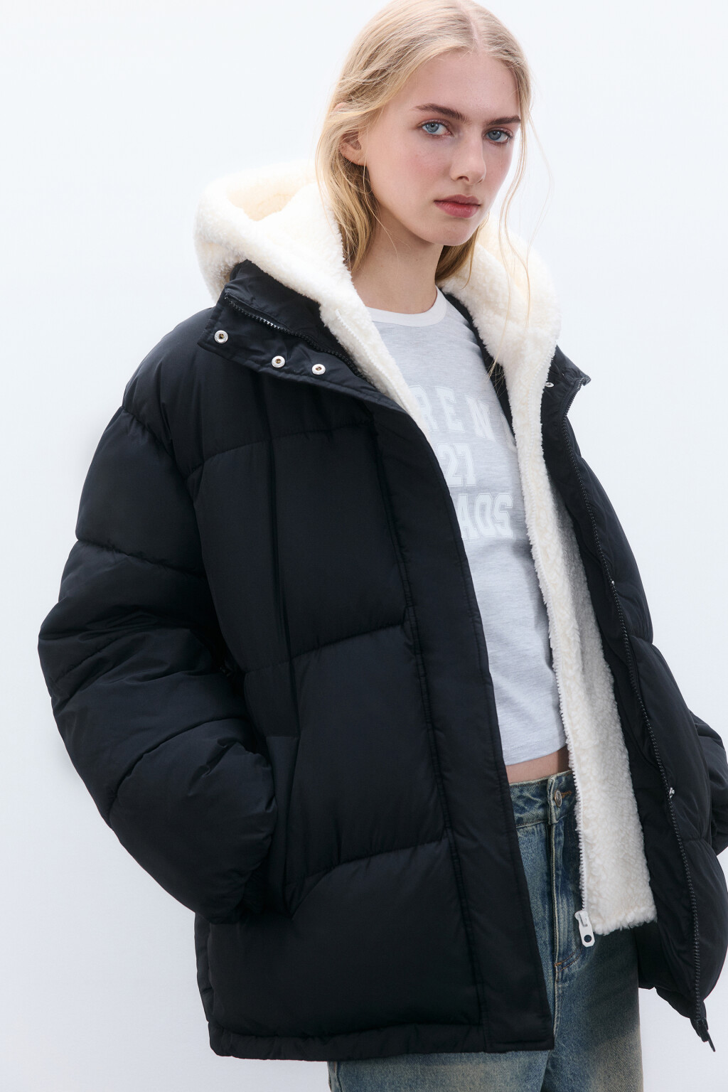 Куртка стеганая с плюшевым капюшоном - цвет черный - 1