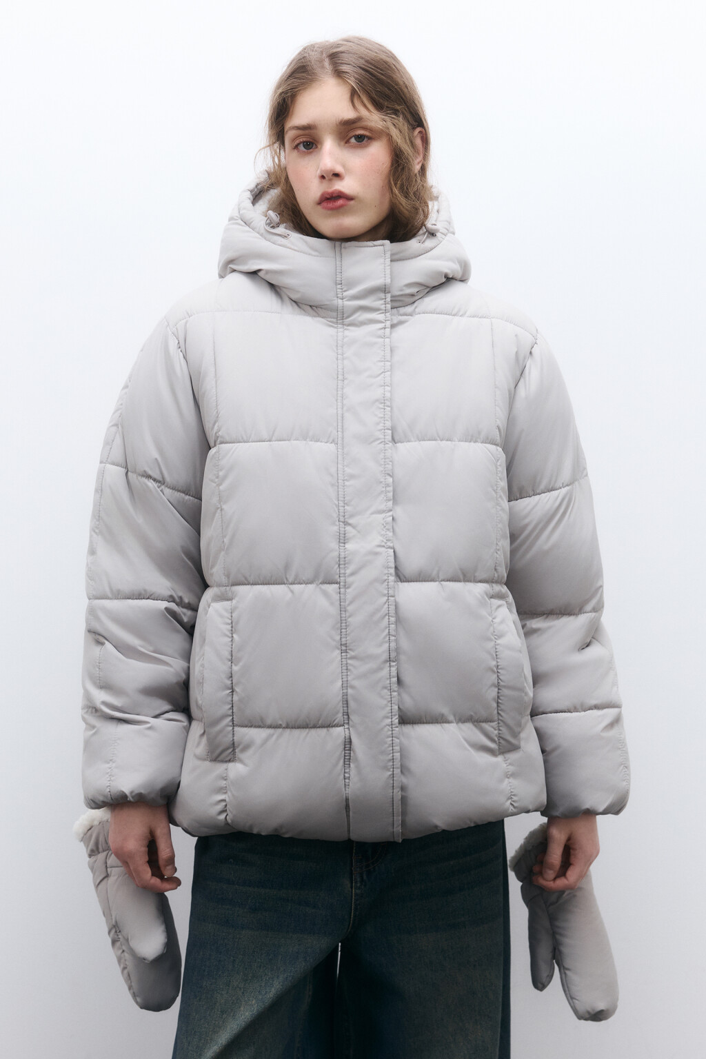 Куртка стеганая с капюшоном и рукавицами - цвет бежевый - 2