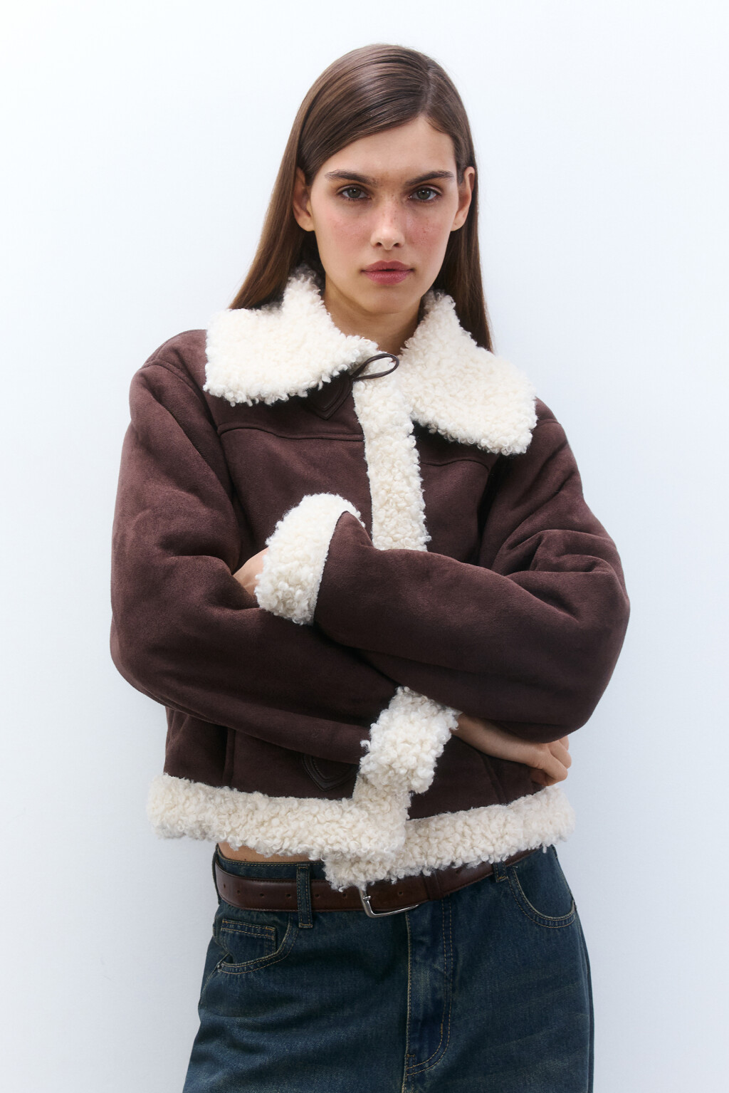 Куртка-дубленка с меховой отделкой - цвет коричневый - 1