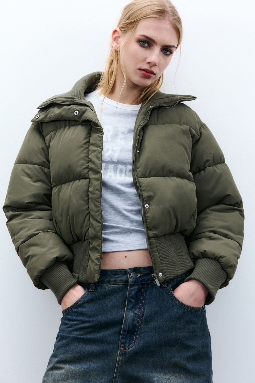 Куртка укороченная с воротником-стойкой - цвет зеленый - 1