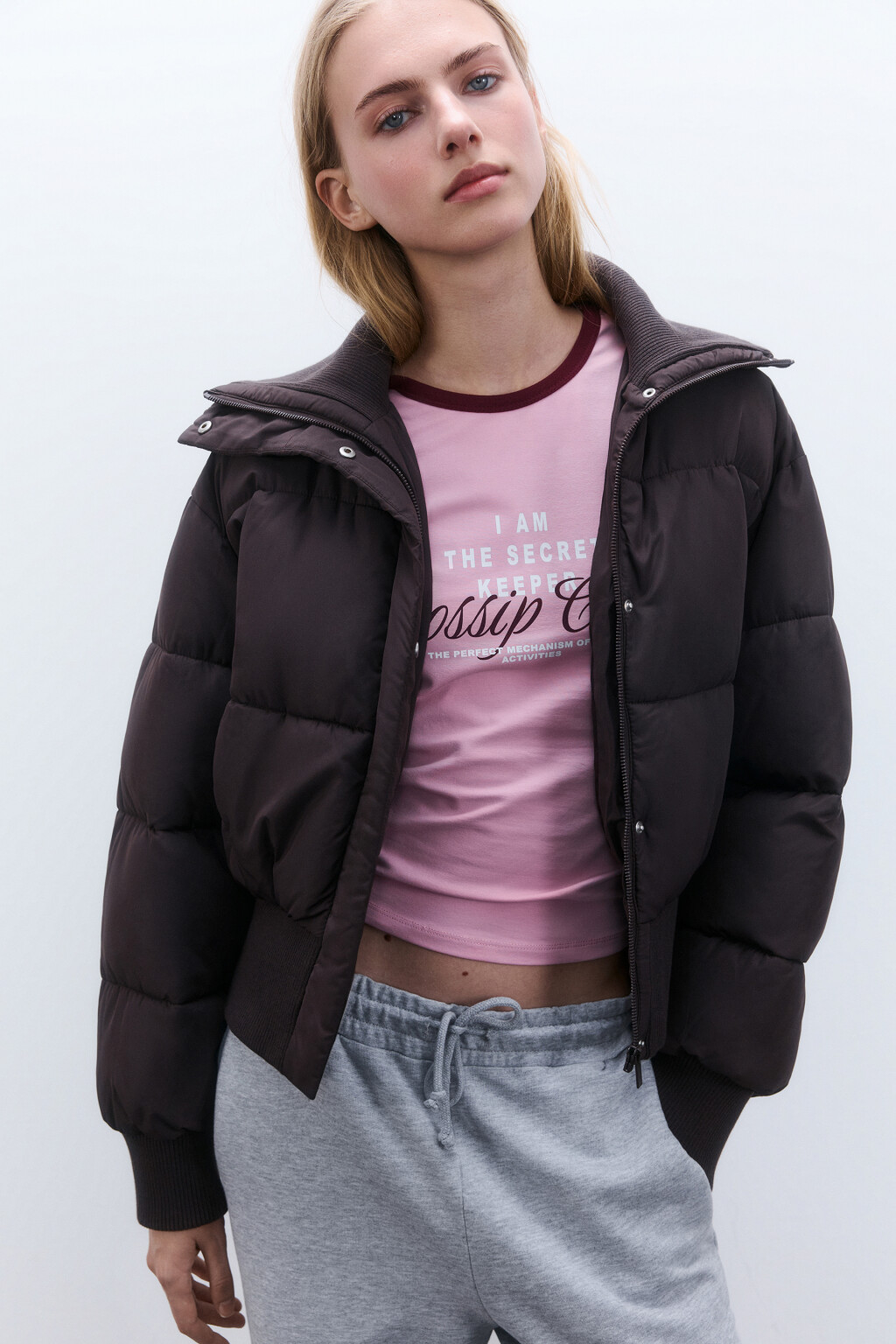 Куртка укороченная с воротником-стойкой - цвет коричневый - 1