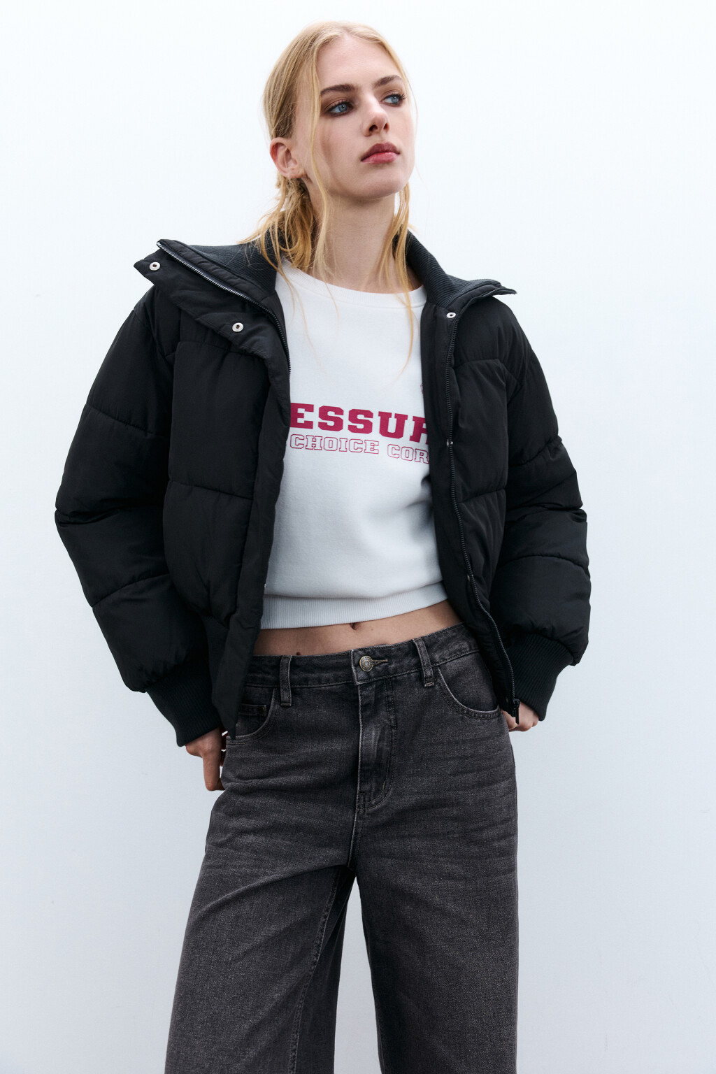 Куртка укороченная с воротником-стойкой - цвет черный - 1