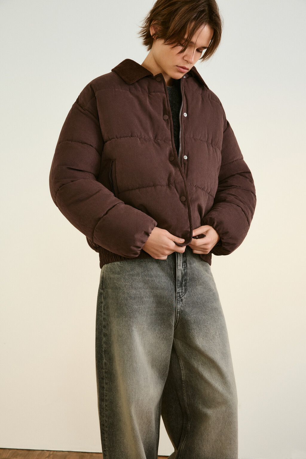 Куртка стеганая с воротником - цвет коричневый - 1