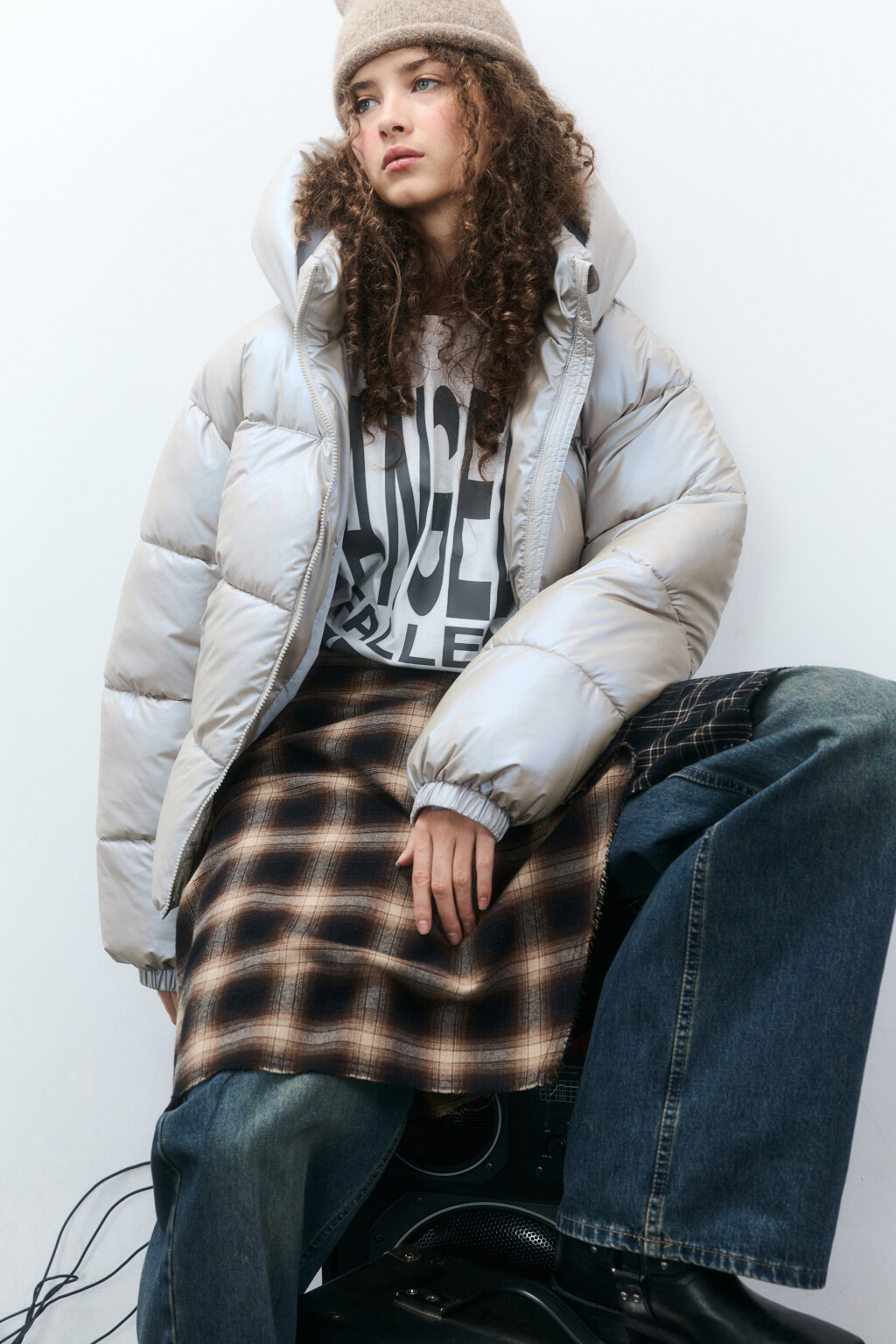 Куртка стеганая из блестящей ткани - цвет серый - 1