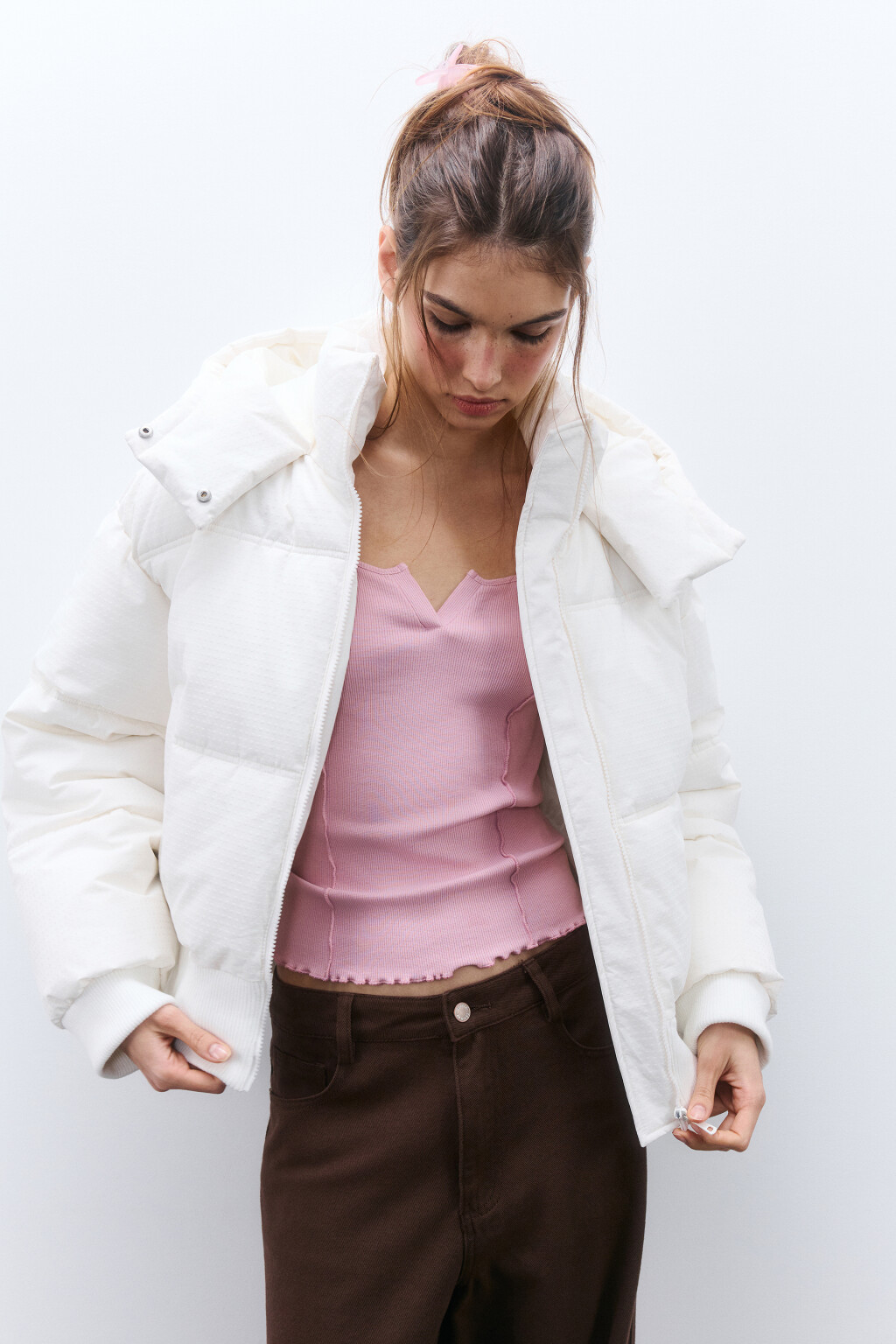 Куртка укороченная с капюшоном - цвет молочный - 1