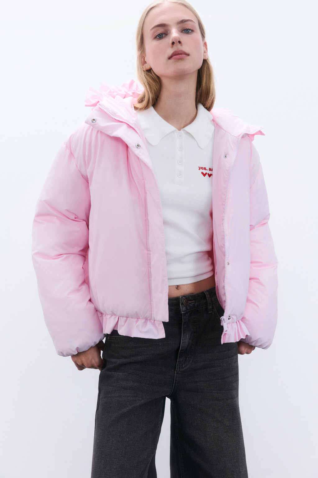Куртка с капюшоном и оборками - цвет розовый - 1
