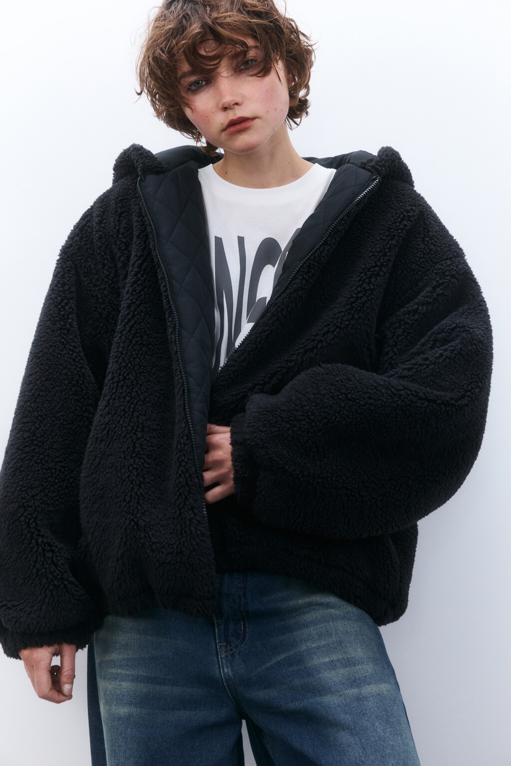 Куртка плюшевая с капюшоном и ушками - цвет черный - 1