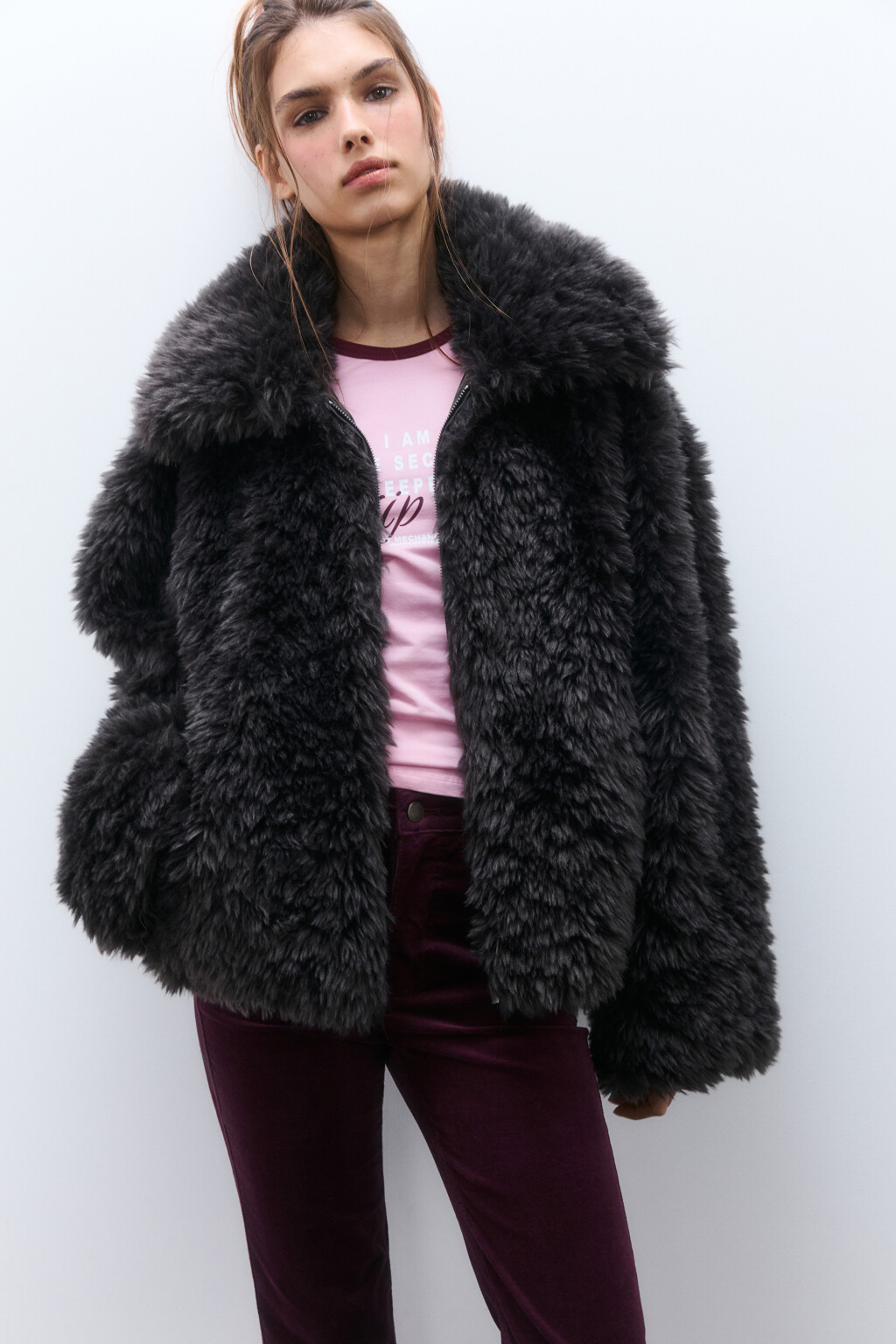 Куртка на молнии с длинным ворсом - цвет серый - 1