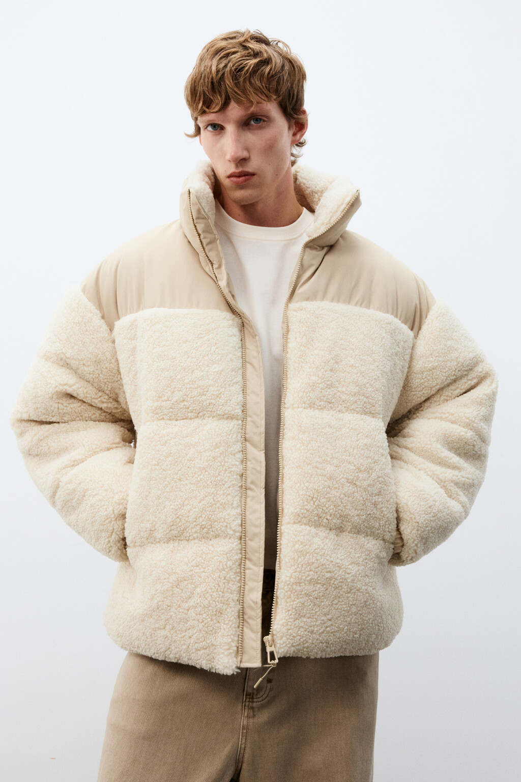 Куртка стеганая с плюшевыми вставками - цвет молочный - 1