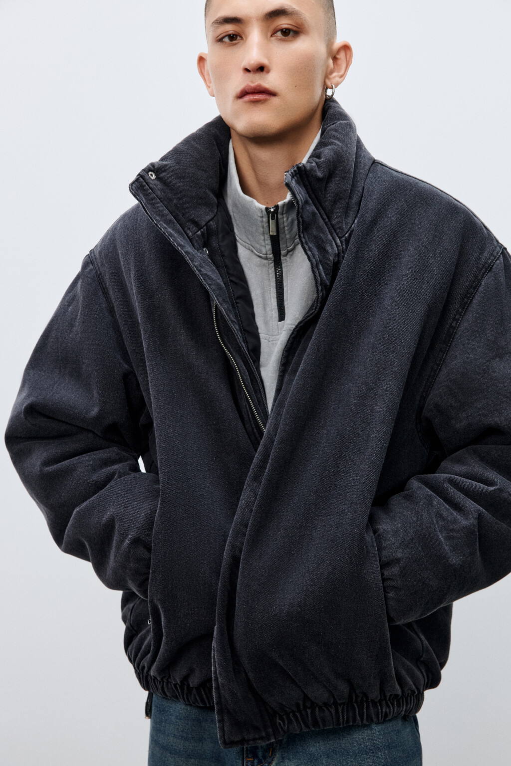 Куртка-бомбер джинсовая утепленная - цвет серый - 1