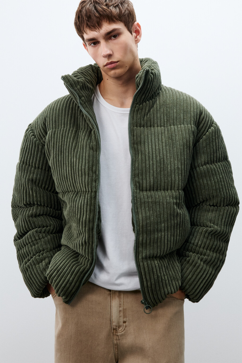 Куртка стеганая вельветовая - цвет зеленый - 1