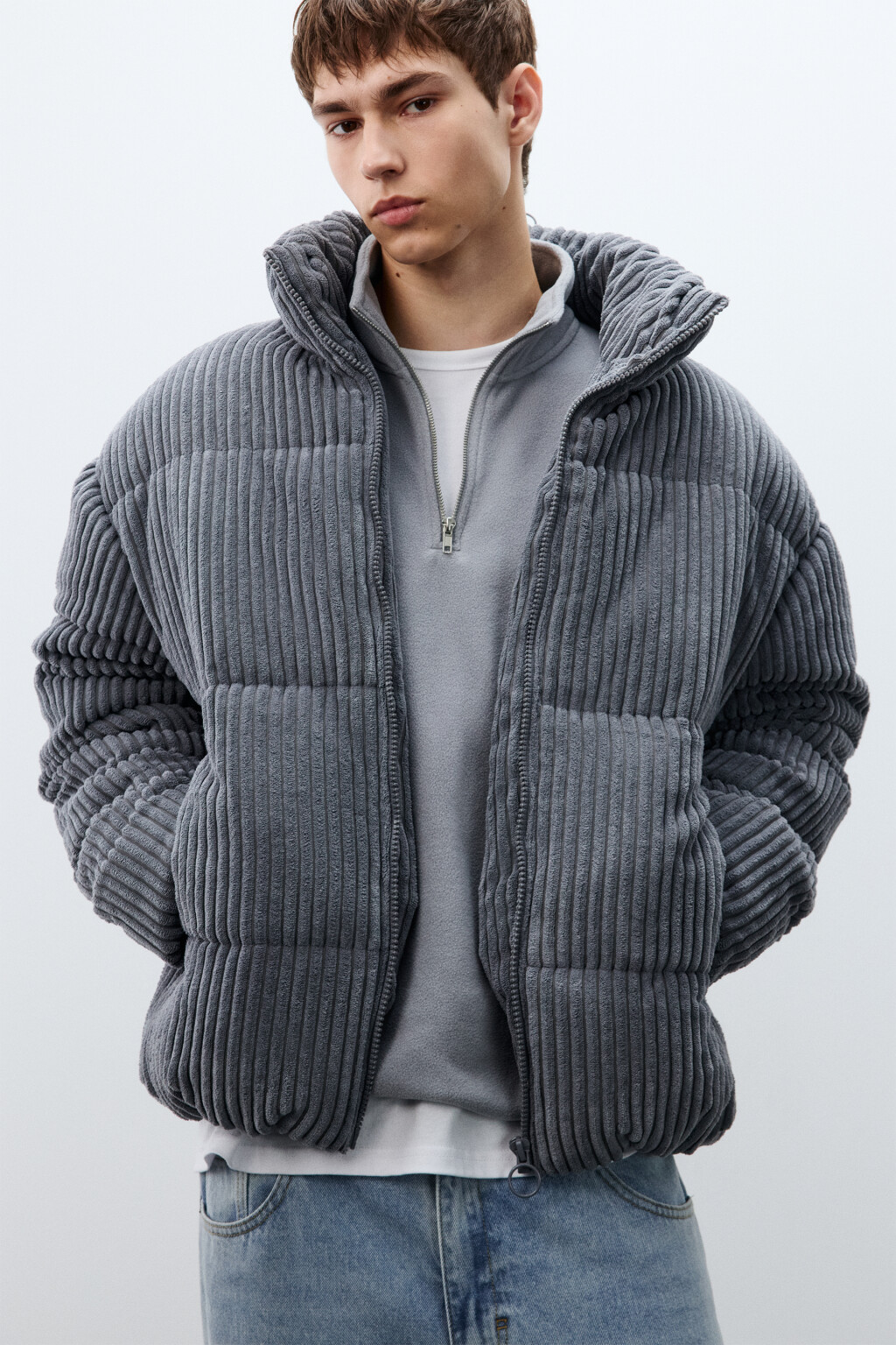 Куртка стеганая вельветовая - цвет серый - 1