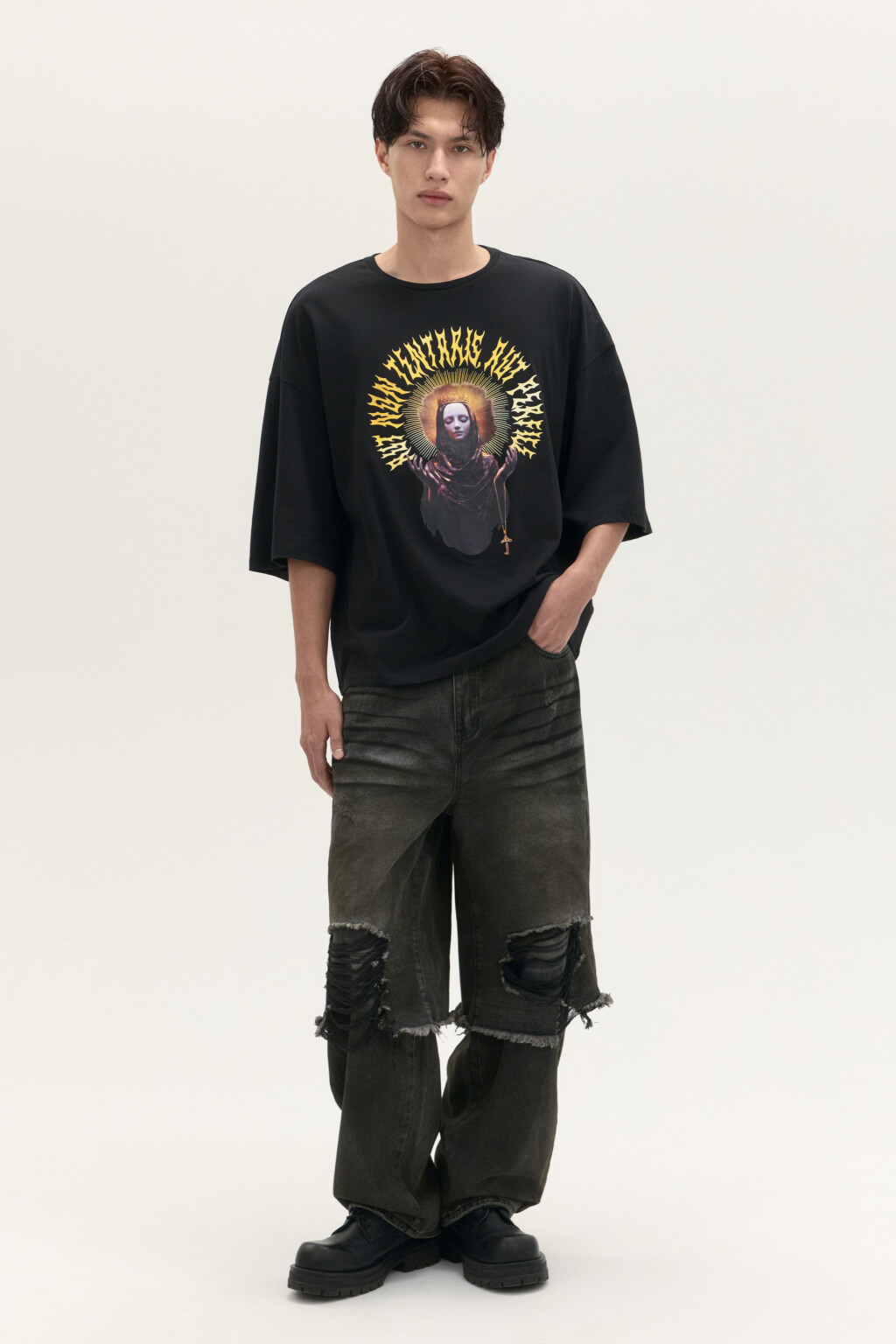 Джинсы широкие с рваным декором - цвет серый - 5