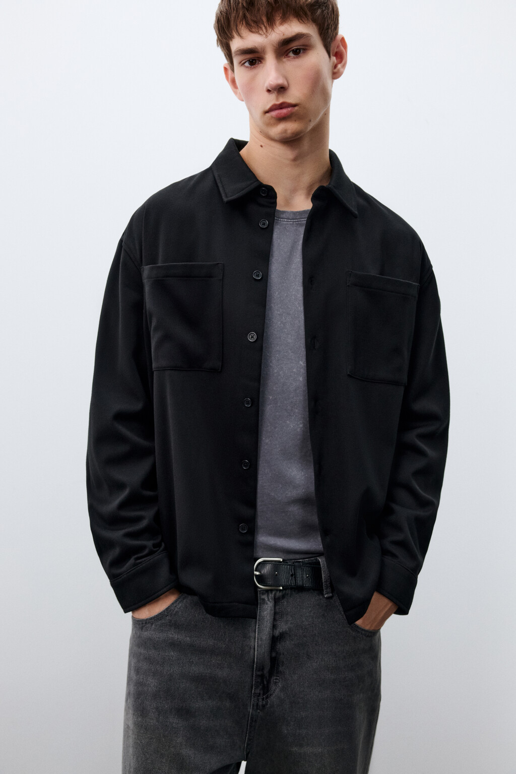 Рубашка плотная с карманами - цвет черный - 1