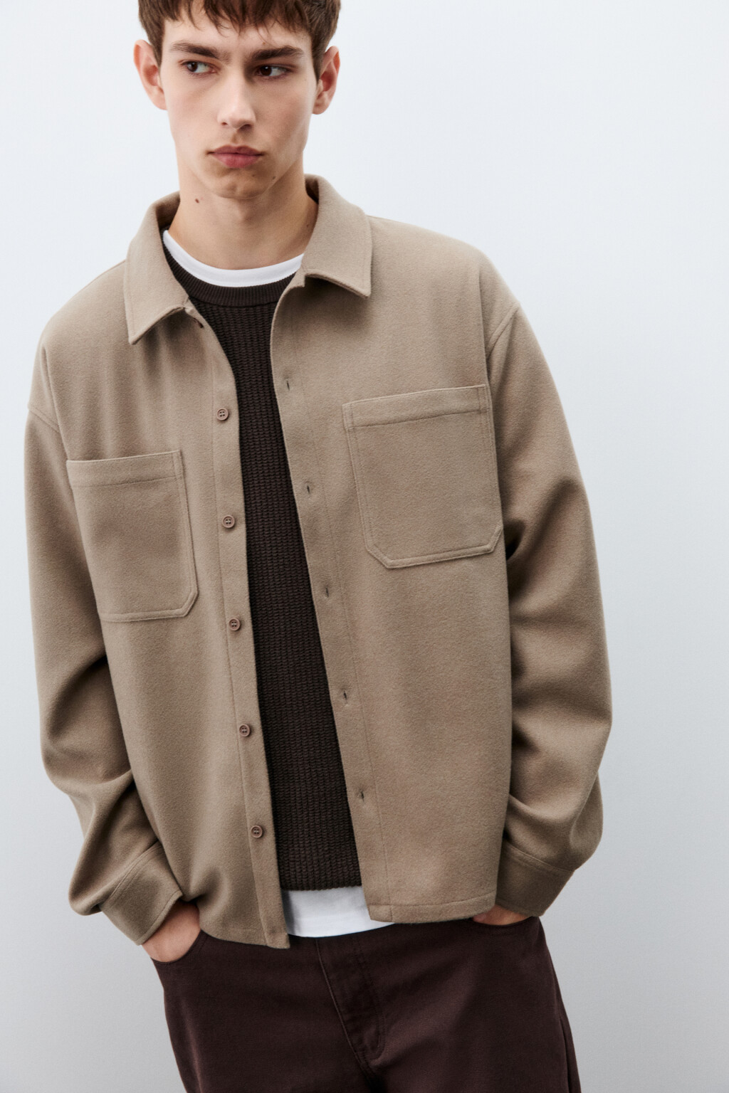 Рубашка теплая с карманами - цвет коричневый - 2
