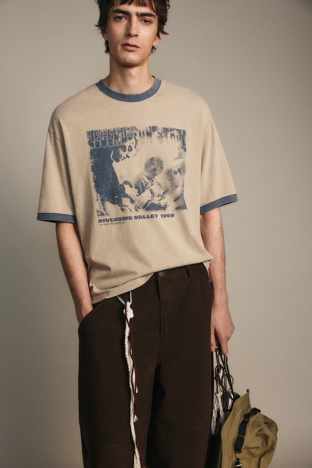 Футболка с принтом и окантовкой - цвет бежевый - 1