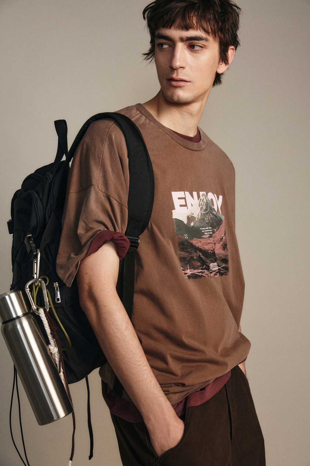 Футболка хлопковая с вареным эффектом - цвет коричневый - 2