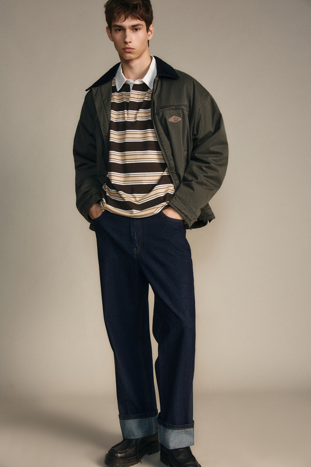 Свитшот в полоску с воротничком - цвет коричневый - 1