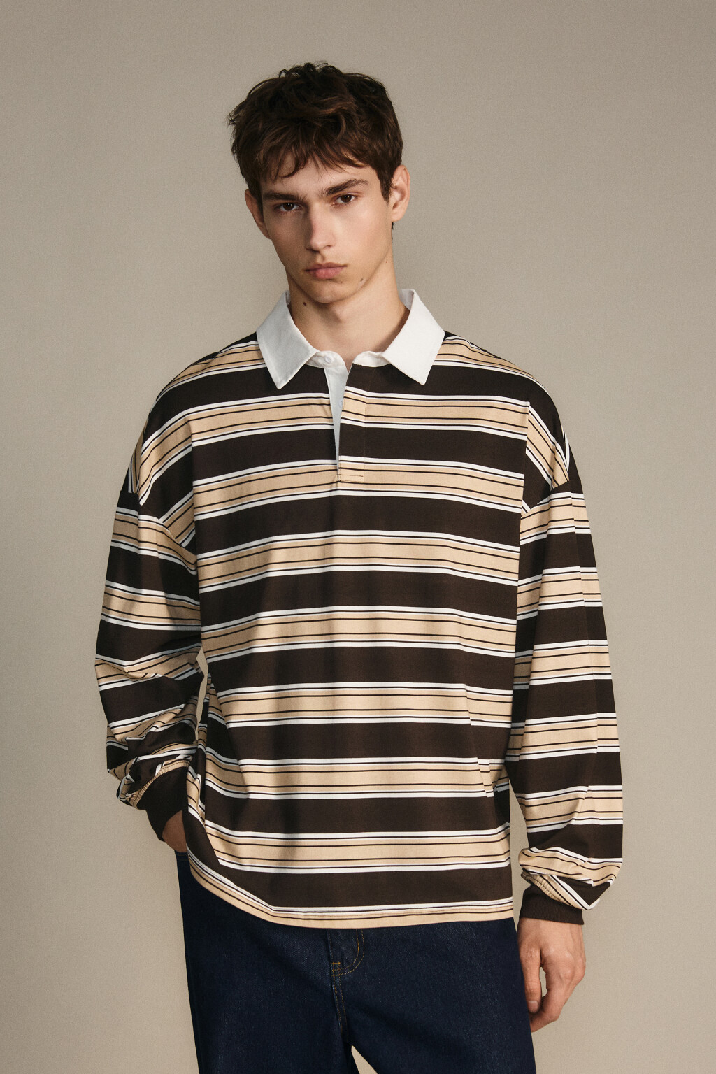 Свитшот в полоску с воротничком - цвет коричневый - 3