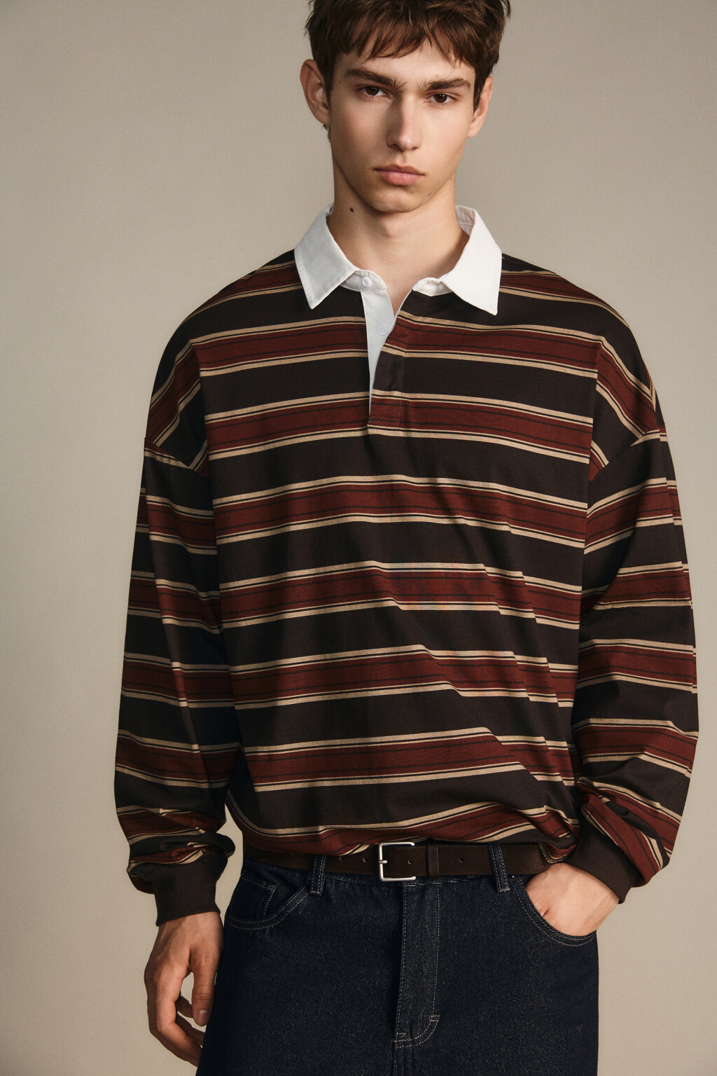 Свитшот в полоску с воротничком - цвет бордовый - 1