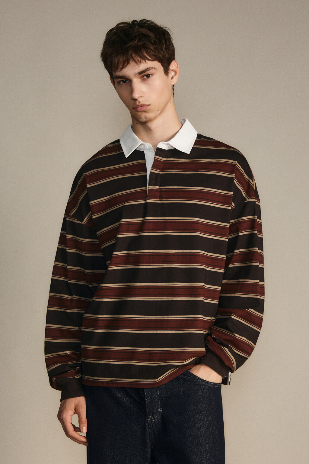 Свитшот в полоску с воротничком - цвет бордовый - 3