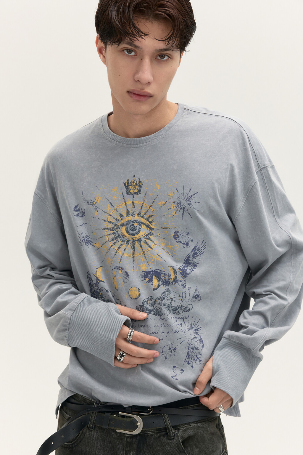 Лонгслив с вареным эффектом и принтом - цвет серый - 1