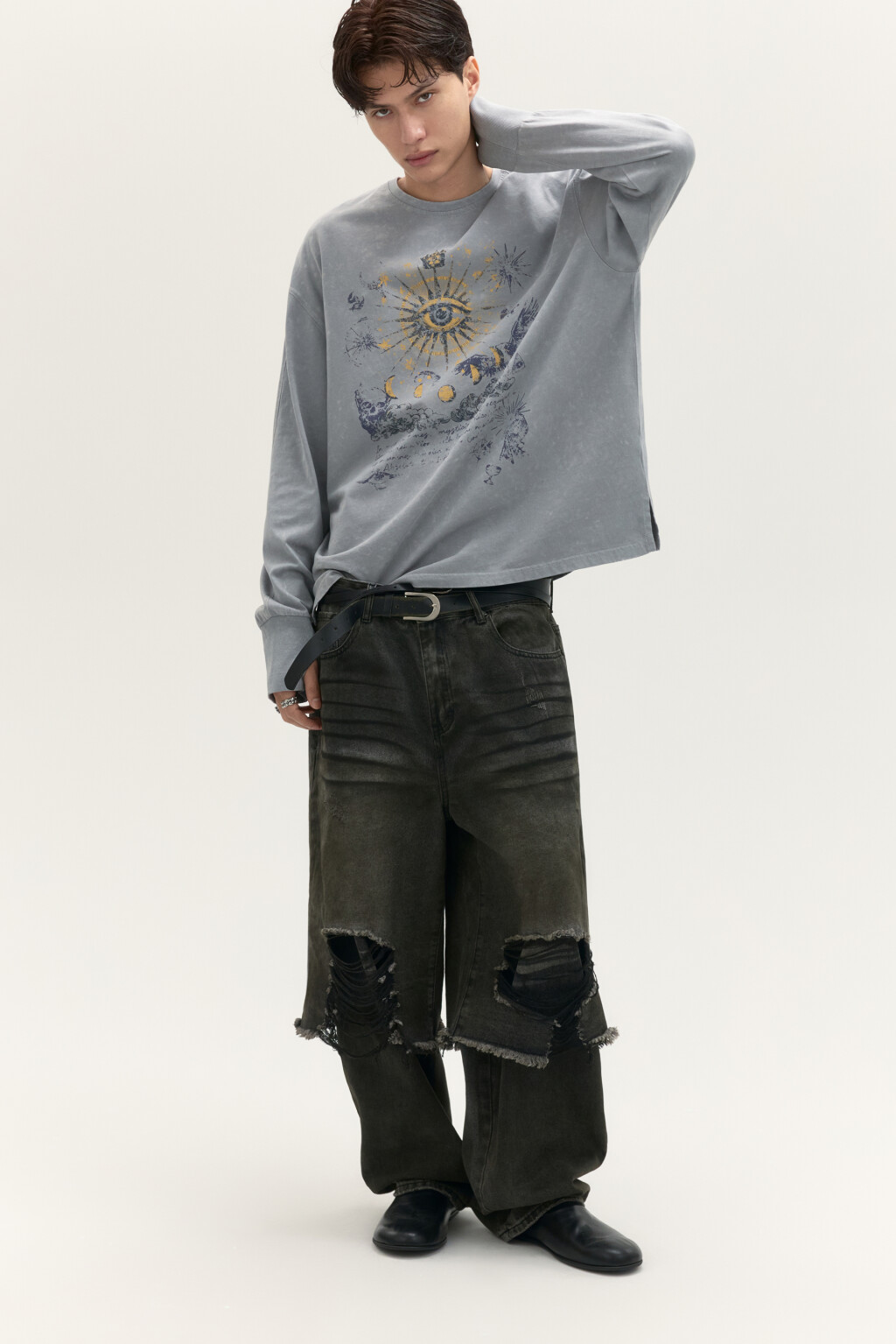 Лонгслив с вареным эффектом и принтом - цвет серый - 2