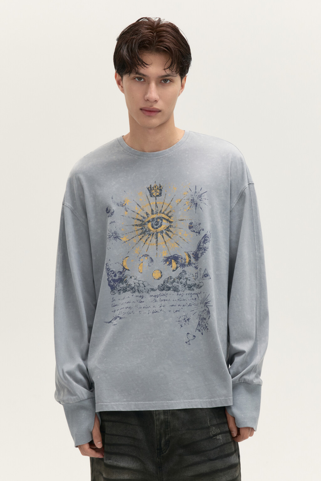 Лонгслив с вареным эффектом и принтом - цвет серый - 3