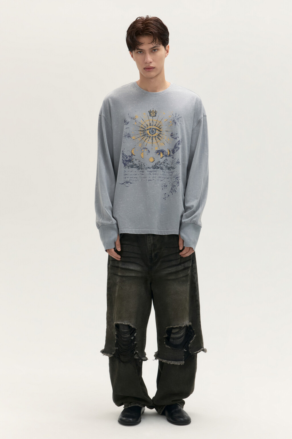 Лонгслив с вареным эффектом и принтом - цвет серый - 5