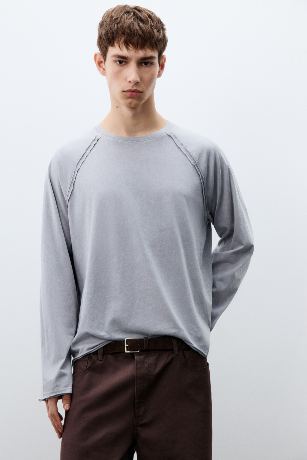 Лонгслив вареный с открытыми срезами - цвет серый - 1