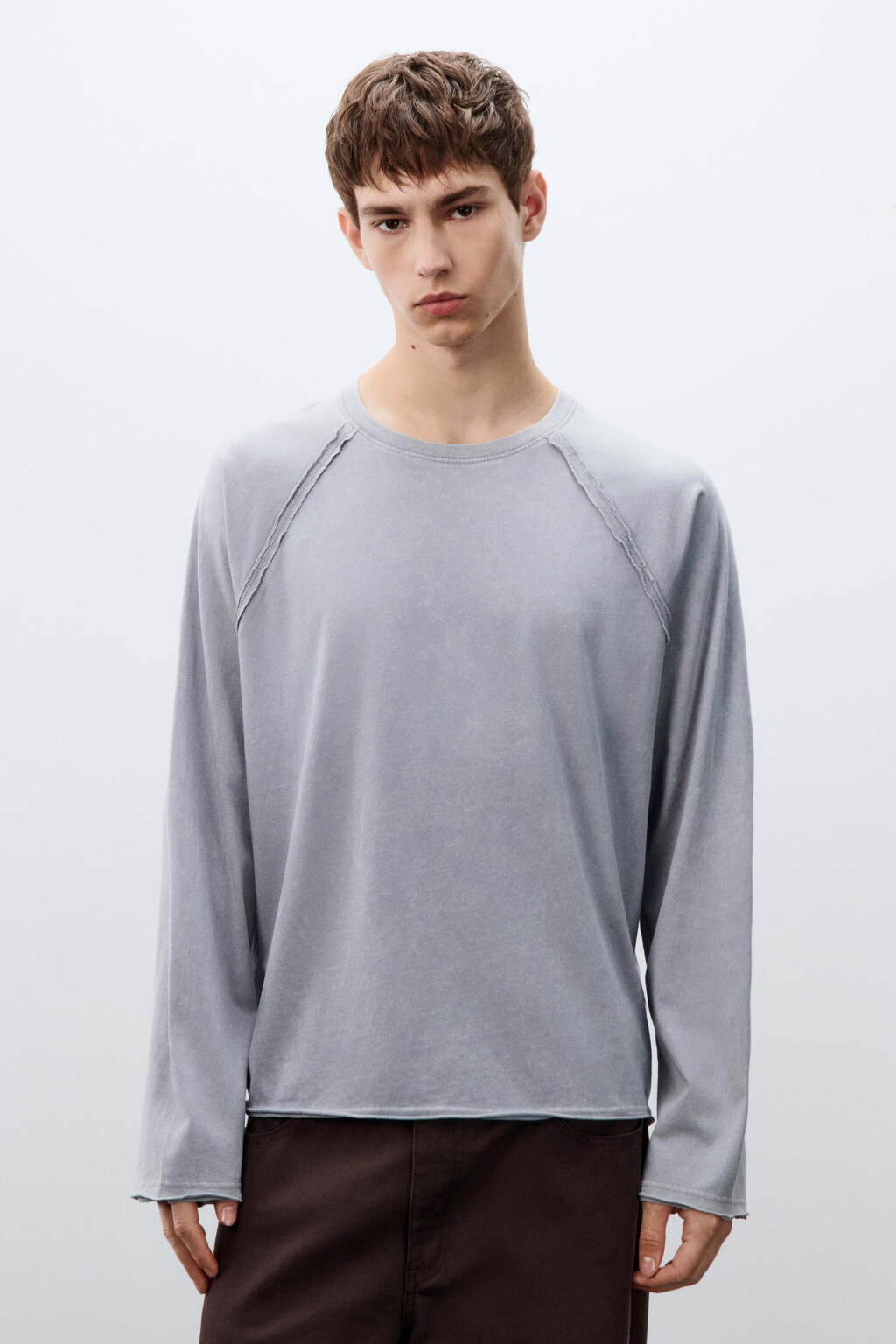 Лонгслив вареный с открытыми срезами - цвет серый - 2