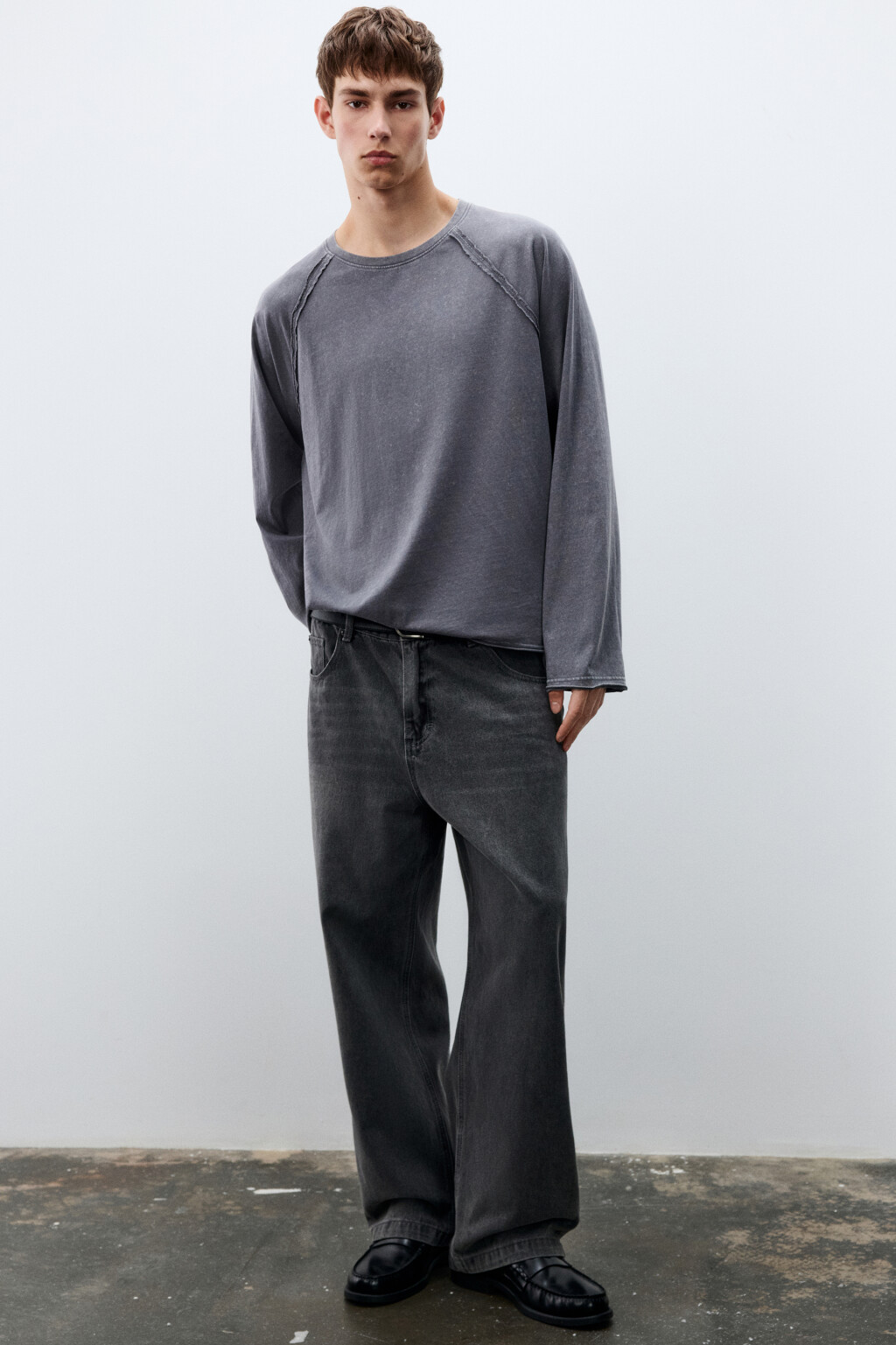 Лонгслив вареный с открытыми срезами - цвет серый - 1